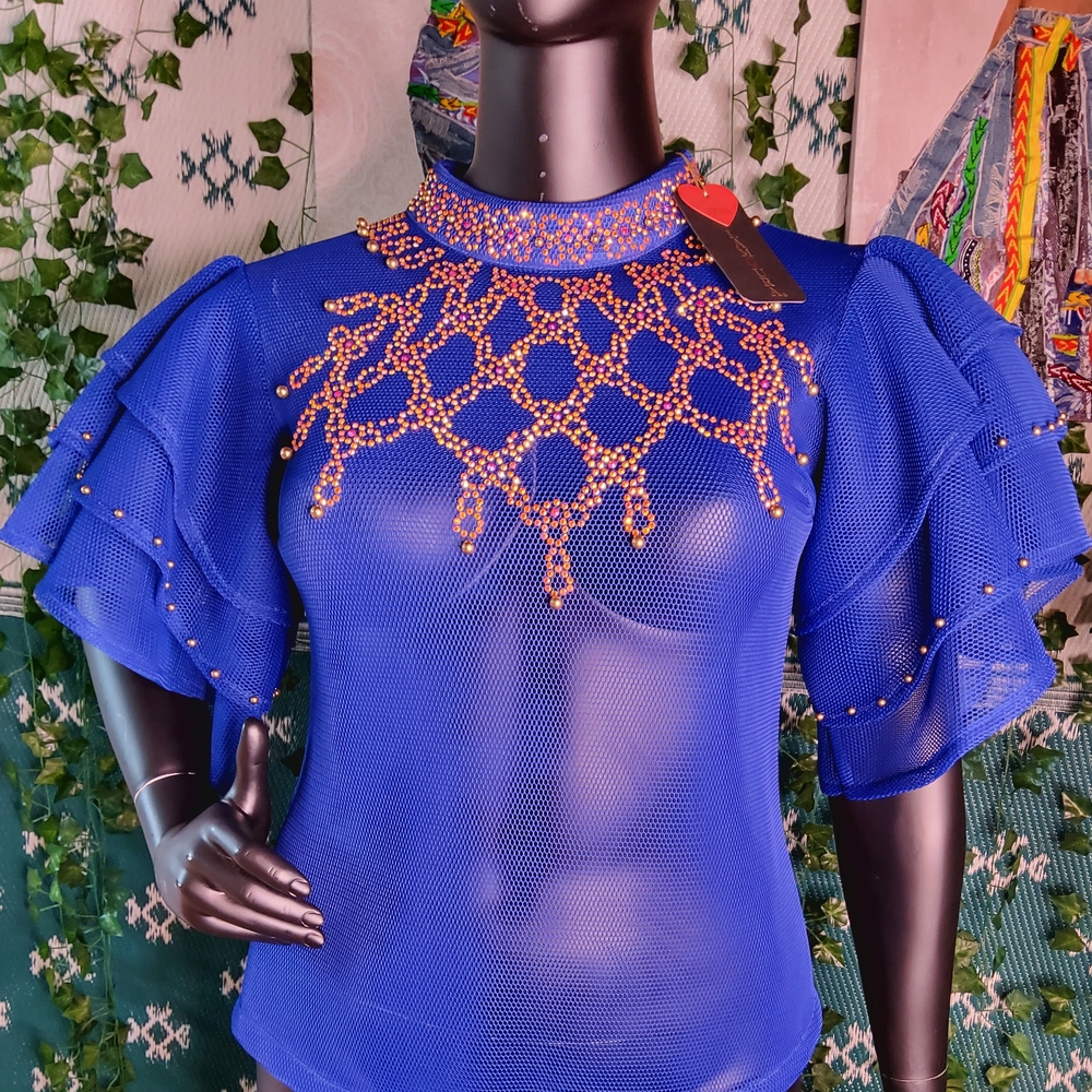 Elegant Blue Beaded Women's Top